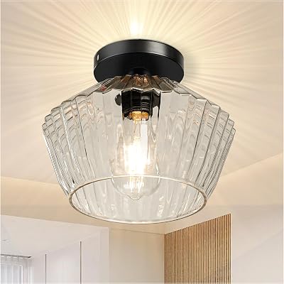 FRIDEKO HOME Semi Flush Mount Ceiling Light - Glass Hallway Lighting Fixtures Ceiling Black Ceiling Light Fixture for Hallway Bedroom Kitchen Bathroom Entryway Black