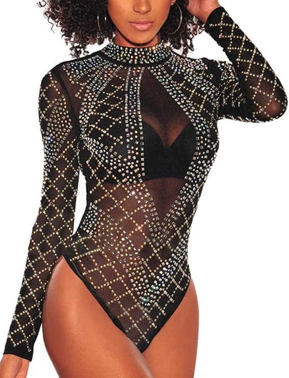 RED DOT BOUTIQUE 650 - Plus Size Sheer Mesh See Through Leotard Rhinestones Long Sleeves Bodysuit