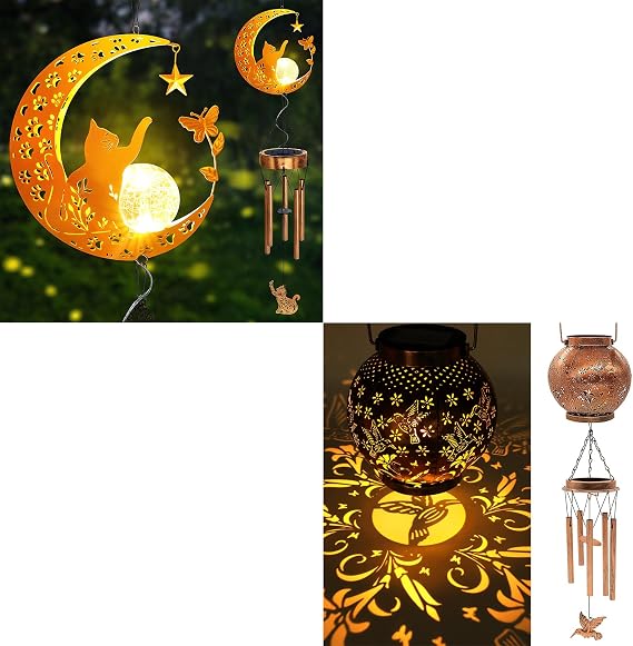 Solar Moon Cat Wind Chimes&Solar Lantern Hummingbird Wind Chimes