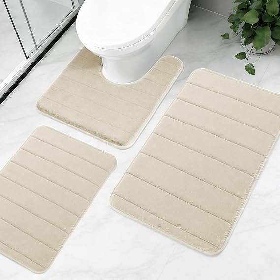 3 Piece Non-Slip Bath Mat Set, Luxury Thick Memory Foam Bathroom Rugs, Water Absorbent Soft Shower Mat Machine Washable Toilet Mat for Bathroom Floor,Beige | Thick Memory Foam, Extra Soft, Machine Washable Beige Floor Mats +Toilet Rug for Bathroom Shower Bathtub Sink