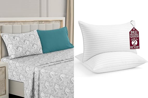 LUX Decor Paisley Twin XL Sheet Set + 2 Queen Pillows 6 Piece Ultra-Soft Microfiber Bed Sheets with Flat Sheet, 16 Inches Deep Pocket Fitted Sheet & 4 Pillowcases, Breathable, Oeko-TEX White/Grey