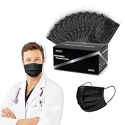MTYX Black Disposable Face Masks 3 Ply 50PCS - Individually Wrapped - Durable - Odorless - Hygienic