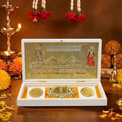 Ayodhya Ram Mandir FramePocket Temple I Gold Plated Decorative Photo Frame & Charan Paduka for Gifting, Home Decor and Pooja Room Decoration - 23cm Ram Mandir - White