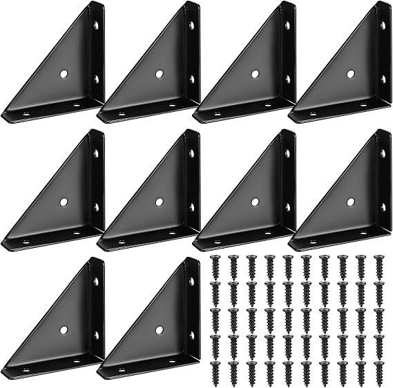 10-Pcs Angle Corner Brackets - Black, Wood Support Fasteners for Desk, Bed, Furniture Edge Joining