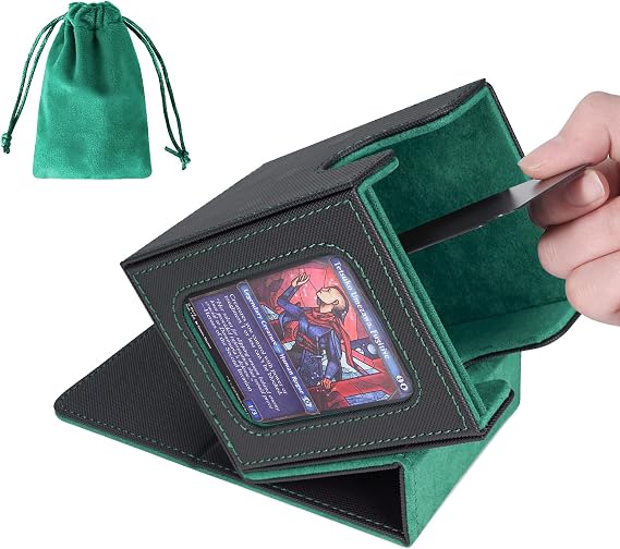 AFIING MTG Deck Box for Commander Display,Card Deck case Fits 100 Double Sleeved Cards,Magic Commander TCG Card Storage Box with 2 Dividers,Dice Bag and Toploader Black Green