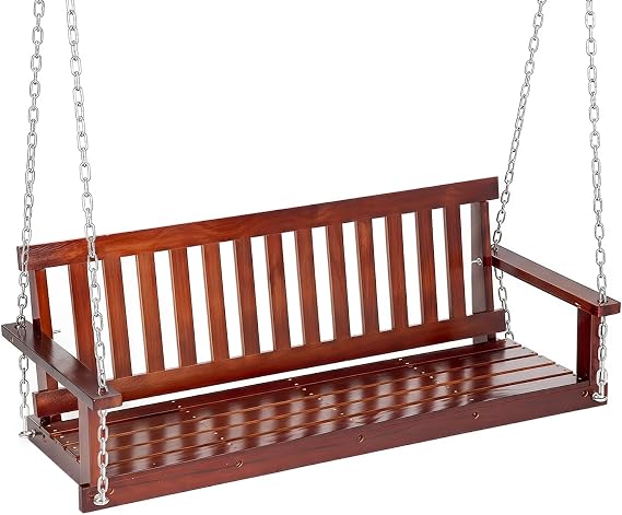 FDW 880 LBS Outdoor Wooden Porch Swing Wooden 3-Seater, 5FT with Ergonomic Design, Water-Resistant Heavy-Duty for Courtyard Garden Backyard, Brown