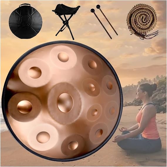Handpan Drum In D Minor With Soft Hand Pan Bag Mallets Bracket, Premium Steel Hand Pan Instrument For Adults, Harmonic Percussion For Sound Healing, Personal Meditation(Gold,12 Notes (432Hz))