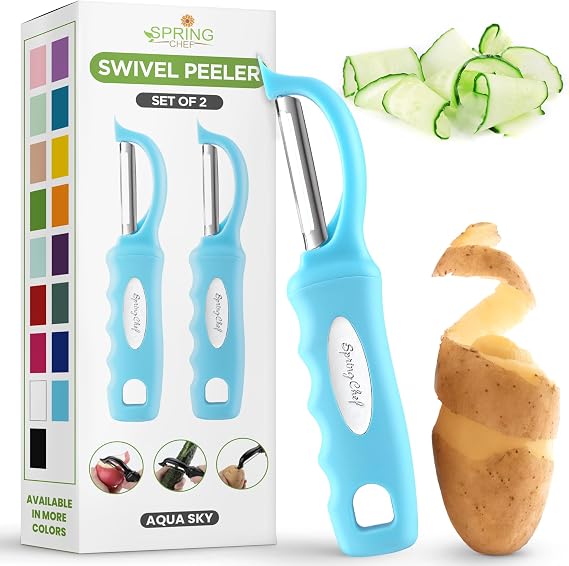 Spring Chef Swivel Potato Peeler with Soft Grip Handle, Set of 2, Aqua Sky