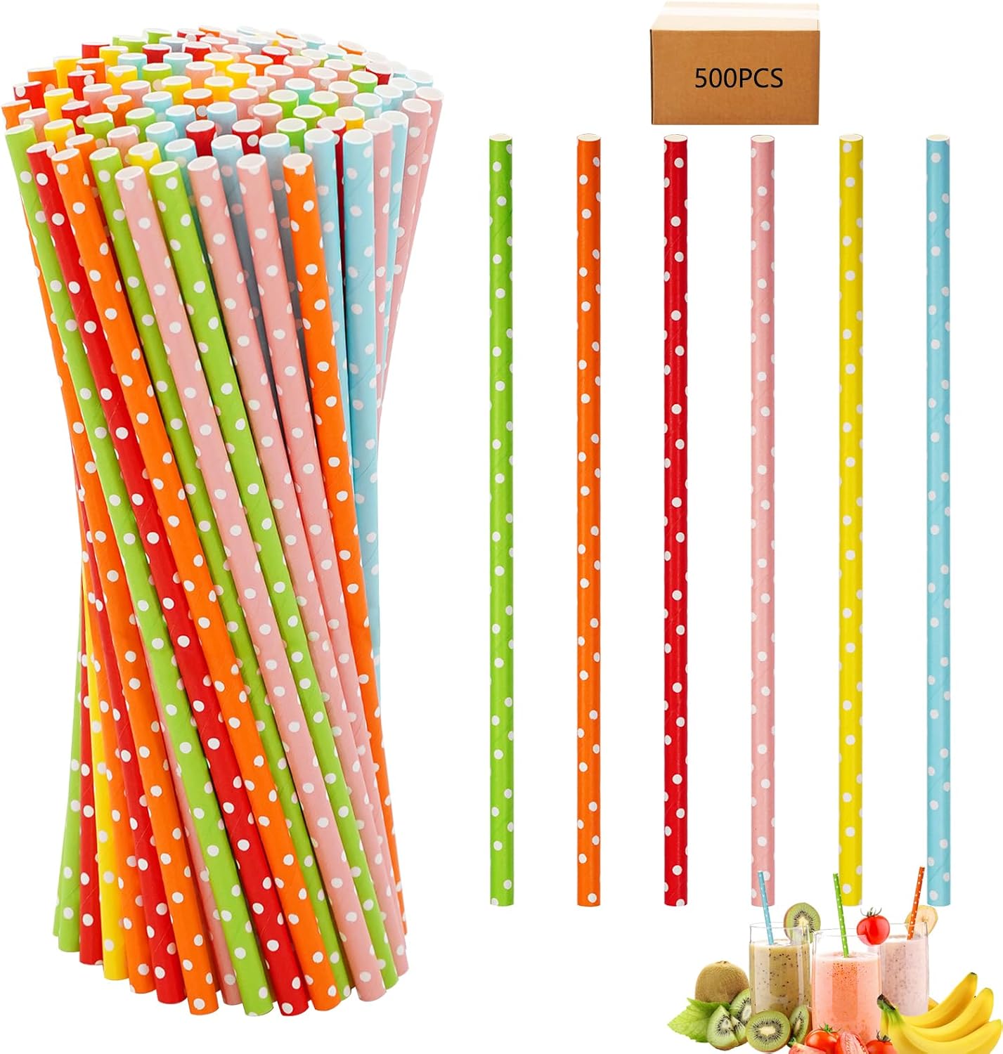 500Pcs Multi-Color Dot Paper - Disposable Straws 7.7 Inch Agave Kraft Paper Straws Bulk, for Coffee, Milk, Juice, Cocktial and Suit for Birthday Parties, Weddings, Picnic. 500