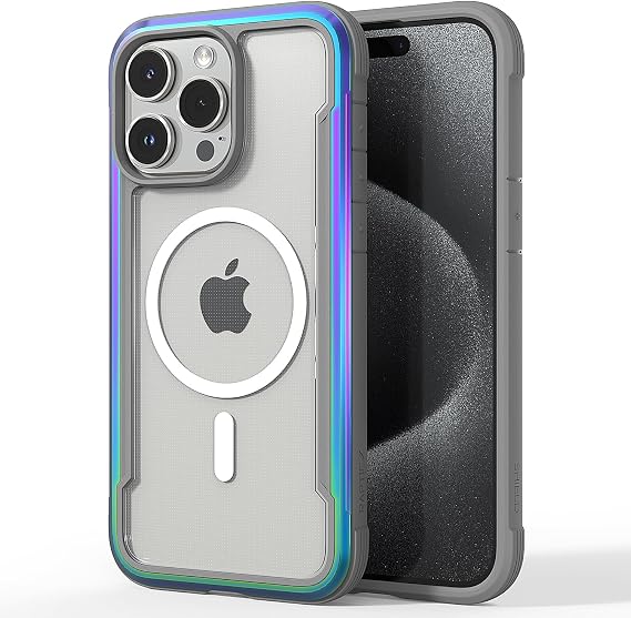 RAPTIC Shield Magnetic for iPhone 15 Pro Max Case, Compatible with MagSafe, Shockproof Protective Clear Case, Military Grade 10ft Drop Tested, Durable Aluminum Frame, 6.7 inch, Iridescent