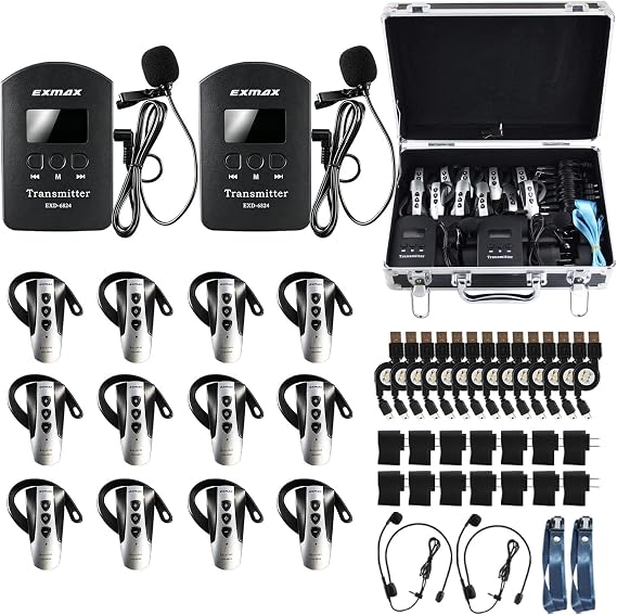 EXMAX EXD-6824 2.4G Wireless Simultaneous Interpretation Systems 9999 Channels for Aduio Tour Guide Museum Tour Court Church Translation Worship Hajj 2 Transmitters 12 Receivers Black Storage Case