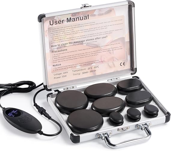 Hot Stones Massage Set for Home Spa Therapy, Muscle Relaxation, 12Pcs | Temperature Control & Timer | Natural Basalt Stones | Portable Heating Box