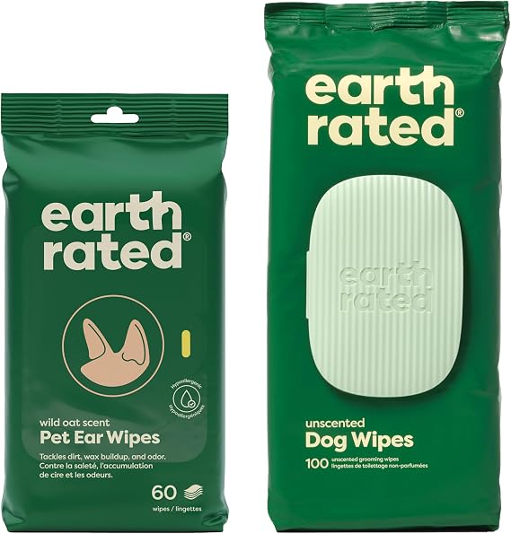 Earth Rated Ear Wipes & Grooming Wipes Bundle - Includes 70 Wild Oat-Scented Pet Ear Wipes and 100 Unscented Grooming Wipes.
