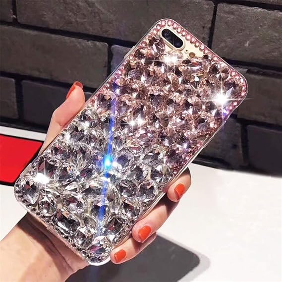 Luxury 3D Handmade Sparkle Stunning Stones Crystal Rhinestone Bling Full Diamond Gemstone Glitter Case for Huawei Honor 9 Lite(C Pink/White)