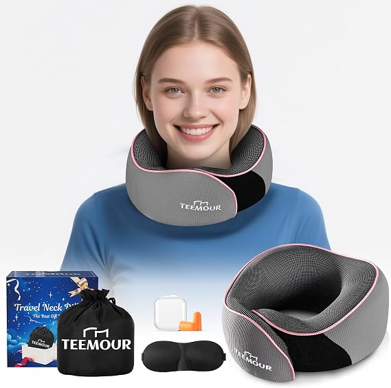 Travel Pillow for Adults,Memory Foam Airplane Pillow with 360 Neck Support, Includes Storage Bag, Eye Mask, Ear Plugs, Adjustable Travel Pillow for Long Flights,Train,Car & Business Trips(Pink Grey)