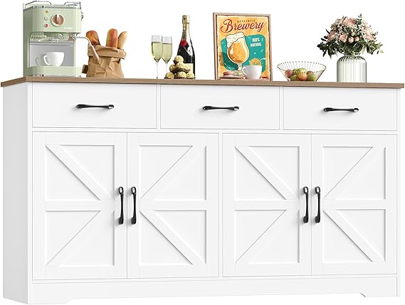 HOCSOK Sideboard, 150cm Kitchen Cabinet with 3 Drawers and 4 Doors, Large Sideboard with Storage, Adjustable Shelves, Storage Cabinet for Living Room, Dining Room, White 150W x 81.5H x 38.5D