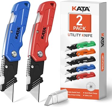 KATA Box Cutter, 2-Pack Tough Folding Utility Knife for Heavy Duty Purpose, Extra 10Pcs Razor Sharp Blades, Comfortable Handle, Gifts for Cutting Drywall, Sheet Plastic, Linoleum, Boxes, Carton, Rope