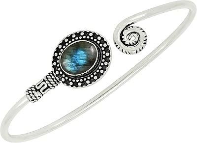 Natural Gemstones 925 Silver Plated Cuff Bracelets for Women - Oval Shape Stone Birthstone Handmade Adjustable Open Bangle Jewelry - Gifts for Wedding Anniversary Valentines Day Christmas