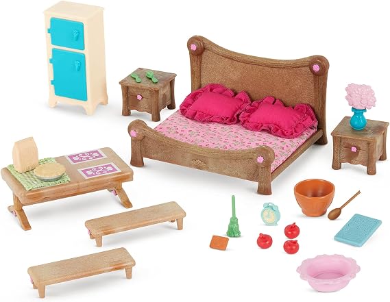 Li'l Woodzeez Miniature Furniture Master Bedroom & Dining Set, Playsets | 26pc miniature furniture and accessories with bed, table, benches, fridge, and home details for pretend play, 3+ Years