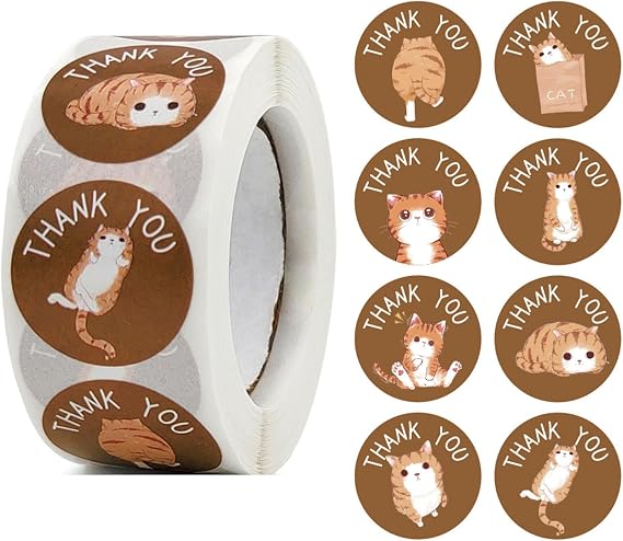 500PCS Kawaii Cat Thank You Stickers for Small Business Packaging Round Cartoon Cute 8 Styles 1 Inch Small Animal Adhesive Seal Labels Roll for Greeting Cards Envelopes, Holiday Cards(Brown cat)