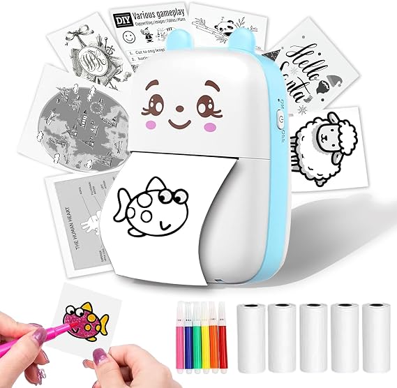 Mini Thermal Printer, Inkless Printer with 5 Rolls Paper, Bluetooth Smart Pocket Compatible with iOS & Android, Portable Thermal Printers for PicturesRetro-Style PhotosReceiptsNotes