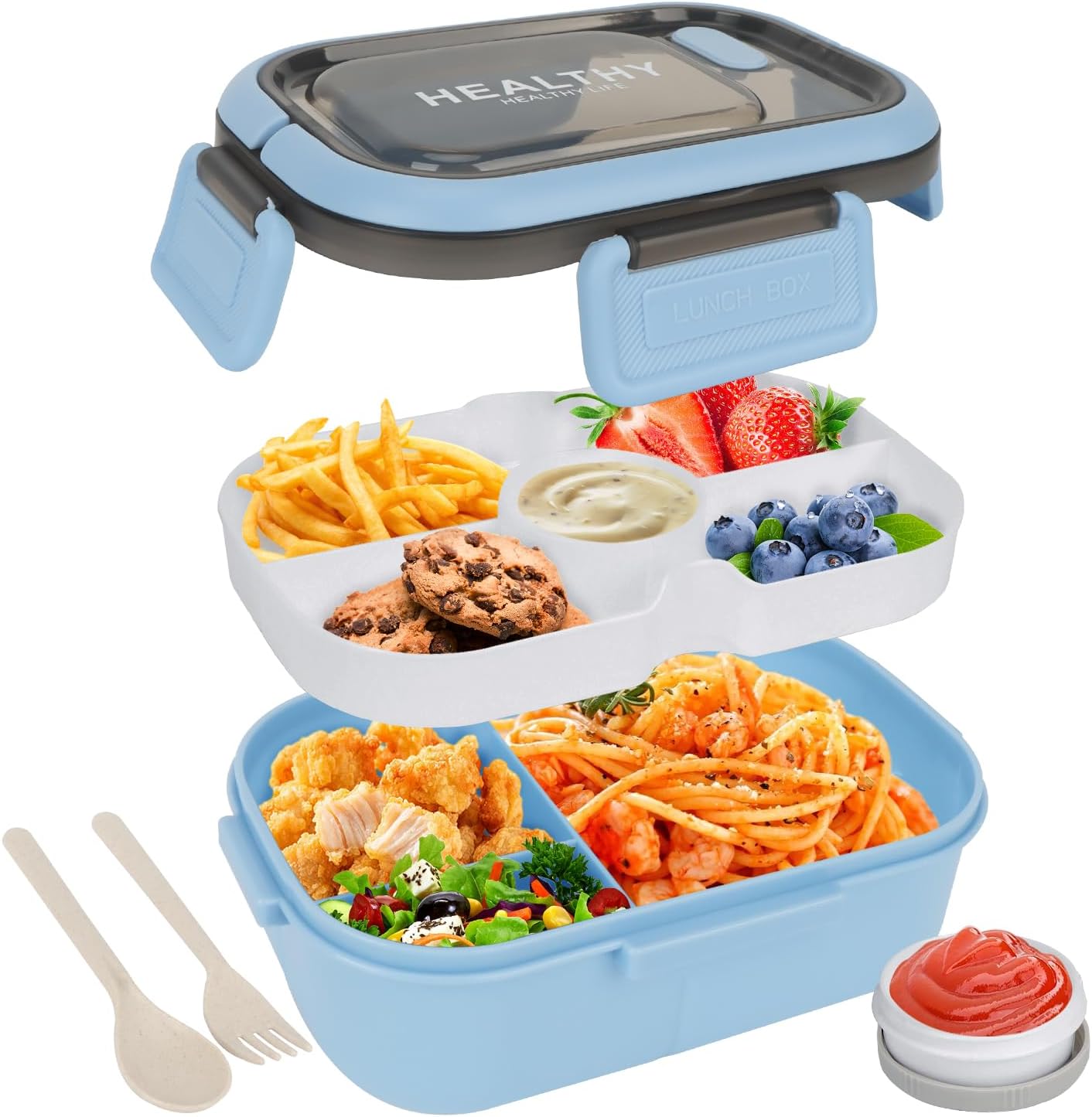 OWill Lunch Box, 1200ML Lunch Box for Kids Adults Bento Box with Compartment Lunchbox Handle and Sauce Pot Leakproof Cutlery Set Microwave Dishwasher Safe Available in Office & School-Blue