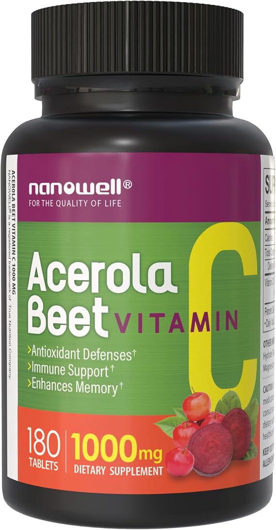 Acerola Beet Vitamin C 1000mg, Immune Support - 180 Tablets (1 Bottle)