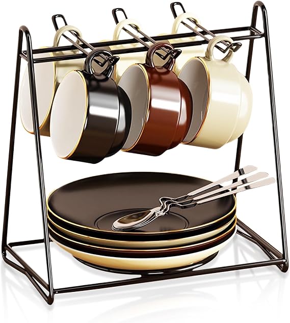 Tea Cups and Saucers Holder,Black Metal Coffee Cup Tea Cups Rack,Organizer for Coffee Cup Spoon and Saucers