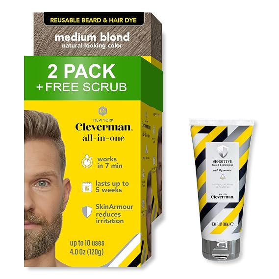 Cleverman 2 Pack Reusable Hair & Beard Dye for Men Medium Blond + 1 Free Sensitive Face & Beard Scrub