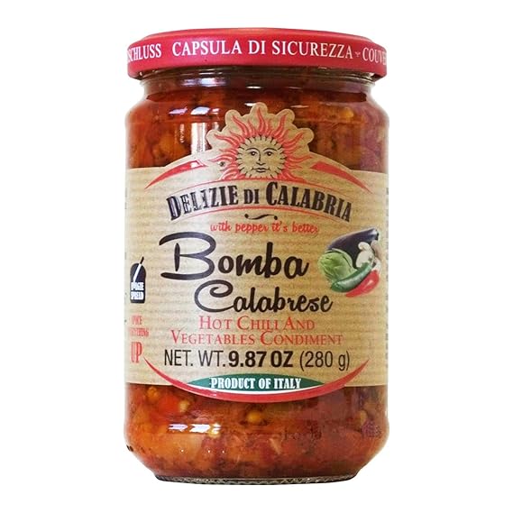 Bomba Calabrese Italian Hot Sauce Spread | Spicy Italian Seasoning Made with Authentic Calabrian Chili - Fiery Hot Dipping Salsa for Pizza Base, Pasta, Salad Dressing & Spaghetti Recipe, 9.87 oz
