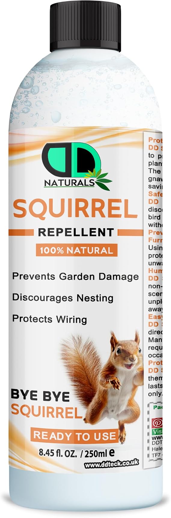 100% Natural Squirrel Repellent - Prevents Garden Damage, Discourage Nesting, Protect Wiring, Prevents Chewing on Outdoor Furniture (250ml)