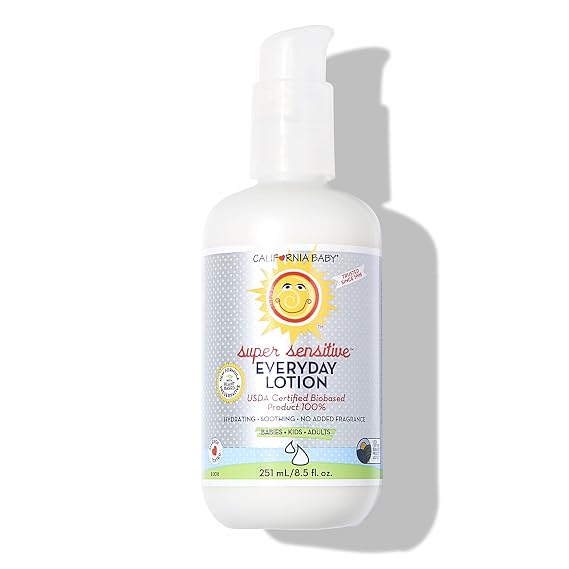 California Baby Super Sensitive Everyday Face and Body Lotion (8.5 Ounce) Moisturizer For Dry, Sensitive Skin | Post Bath and Diaper Changing | Non-Greasy, Fast-Absorbing Formula | No Fragrance