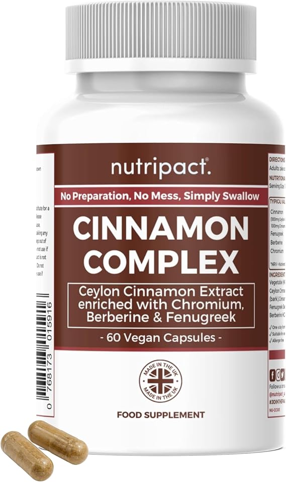 Ceylon Cinnamon Capsules with Berberine, Chromium & Fenugreek – High Strength 4750mg Cinnamon Complex – Chromium Contributes to Normal Blood Glucose Levels – 60 Vegan Capsules - Nutripact UK