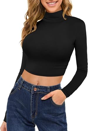 MSBASIC Womens Long Sleeve Turtleneck Crop Top Basic Slim Fit T-Shirt