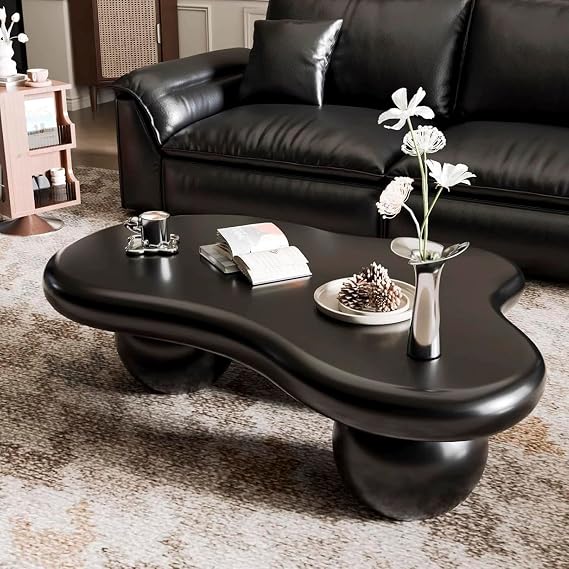 Cloud Coffee Table with 3 Ball Legs, Unique Irregular Funky Coffee Table for Living Room, Modern Minimalist Center Table Cute Low Coffee Table for Small Space,Black,46.06"