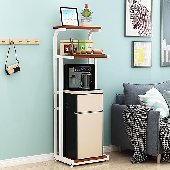 Modern Water Dispenser Organizer Stand, Minimalist Coffee Bar Shelf for Countertop, 2 Tier Beverage Station Rack for Mini Fridge & Kitchen, Space Saving Storage(White/Dark Brown,L55CM/21IN)