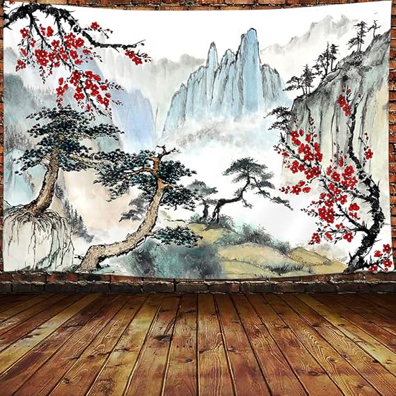 JAWO Japanese Decor Tapestry, Cherry Blossom Wall Tapestry, 40x30 Inch, Blue