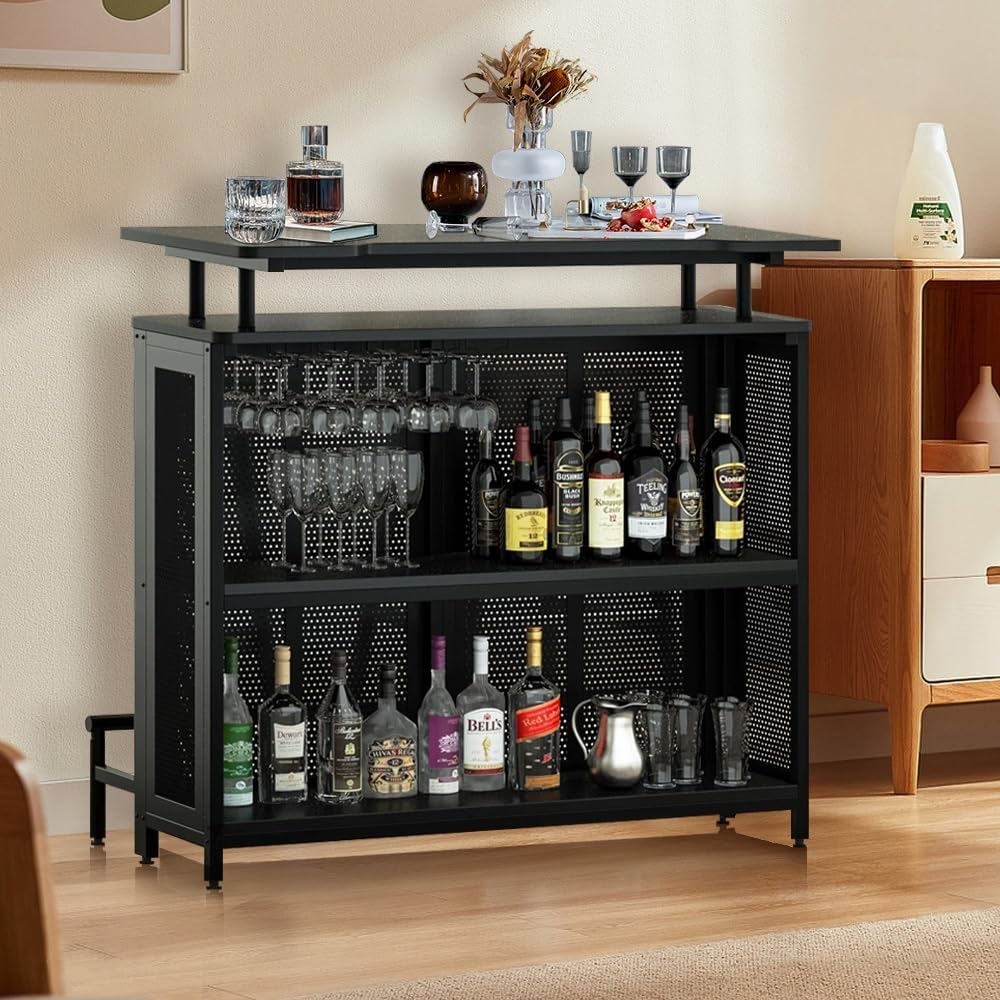 Home Bar Unit, Home Mini Bar Cabinet for Liquor, 3 Tier Liquor Bar Table with Stemware Racks and Wine Storage Shelves, Metal Wine Bar Stand for Home Kitchen PubSize:1PC