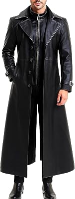 Black Leather Trench Coat Mens - Real & Faux Leather Duster Overcoat - Full Length Mens Winter Jacket