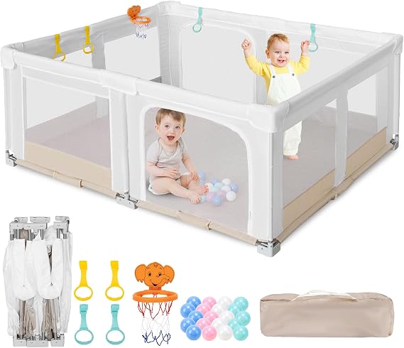 Large & Foldable Baby Playpen for Toddlers: 180x150x75 cm Indoor & Outdoor Baby Play Pen with 20 Ocean Balls,1 Basketball Hoop,4 Playpen Handles and 1 Travel Bag - Ideal Play Area for Kids