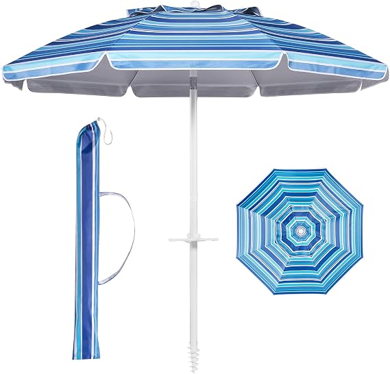 Aoxun 6.5ft Beach Umbrella with Tilt Pole, Portable Sand Anchor and Carry Bag, UPF 50+ Sun Shelter Air Vents Design for Outdoor Activities (Navy Blue & White)