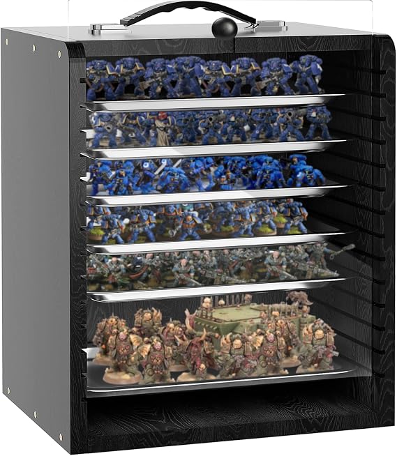 Miniature Storage Case for Collectibles Miniatures, Wooden Display Cases with 6 Trays, Miniature Display Case Miniatures Transport Case Black