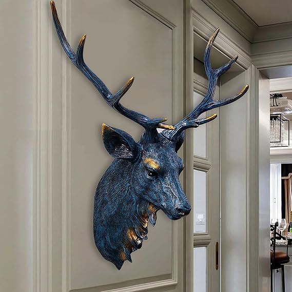 Pevfeciy Stag Head Wall Mounted Ornament,Large Vintage Reindeer Deer Stags Antlers Head Sculpture,Wall Decor Animal Modern Art Hanging Deer Head Statue For Home Office Bar TV Wall Decorations,Blue