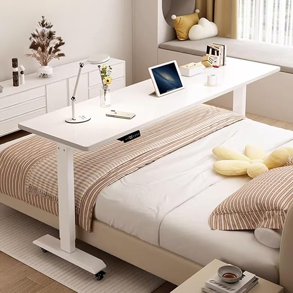 Electric Bed Table Height Adjustable Overbed Table with Wheels, Mobile Over Bed Desk with Adjustable Stand, Mobile Laptop Cart Computer Desk for Bed Office(White,150cm/59'')