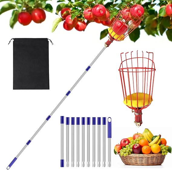 4.3M Fruit Picker Tool, Apple Picker with Telescopic Handle | with Large Twist-on Basket,Length Adjustable Stainless Steel Gardening Tools Fruit Catcher Pole for Picking Peach,Apple,Pear