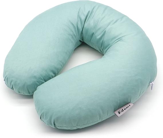Buckwheat Hulls Neck Pillow, U Shaped Travel Pillow Portable Pillow Support for Neck Shoulder, for Side Back Stomach Sleeper with Washable Pillowcase (12x12 inch,Blue)