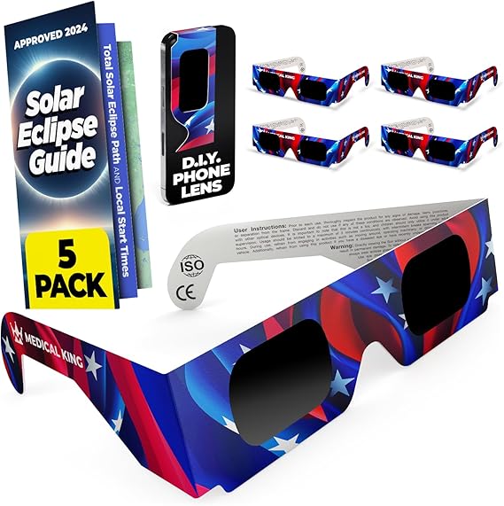 Medical king Solar Eclipse Glasses (5 pack) 2024 CE and ISO Certified Safe Shades for Direct Sun Viewing Approved 2024