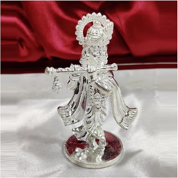 Shree Krishna Idol in Pure 925 Silver / Shree Krishna Statue in Silver Hindu Religion God Sculpture Festival 2.50 Inch (65 GMS)