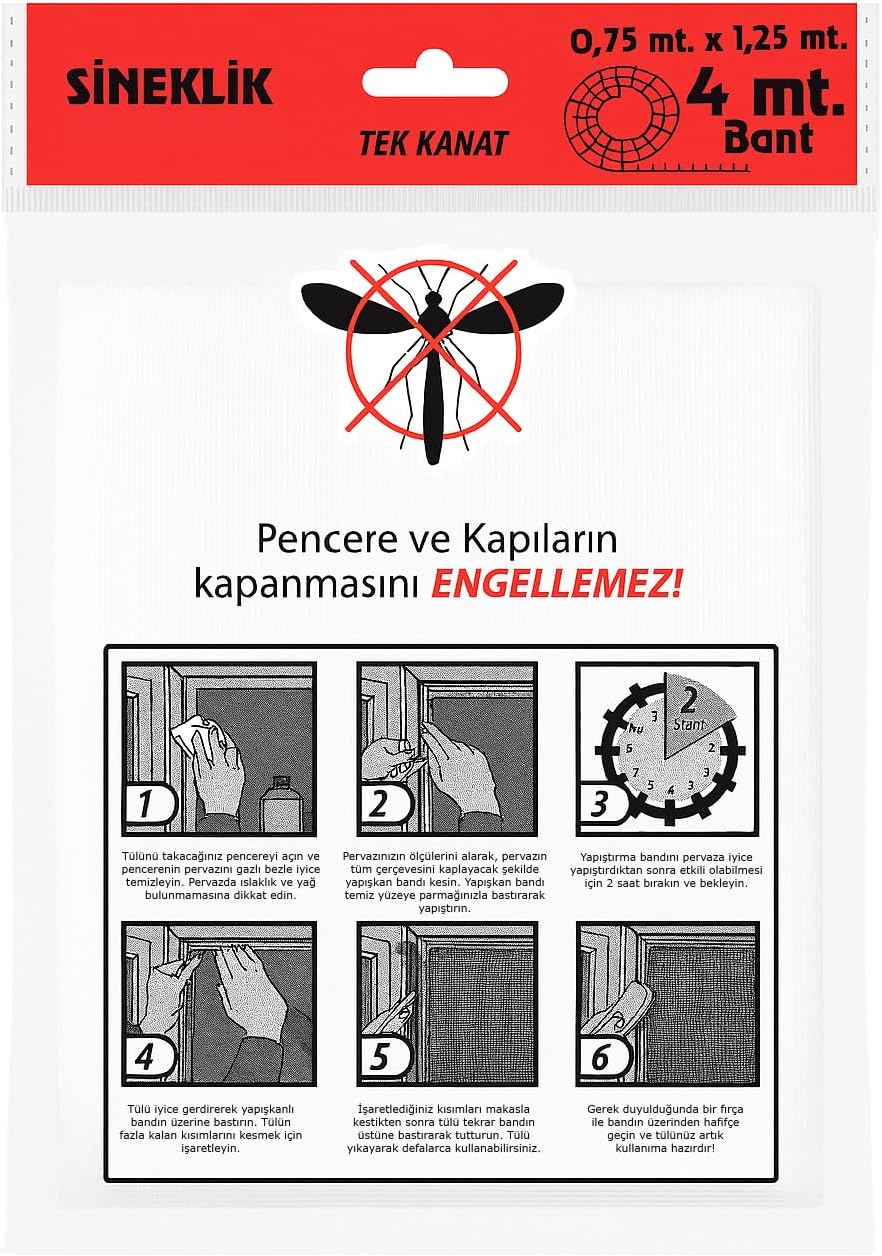 Tek Kanat Pratik Sineklik, 0.75 m x 1.25 m Tül, Kapı & Pencere Uyumlu, 4 m Yapıştırma Bantlı