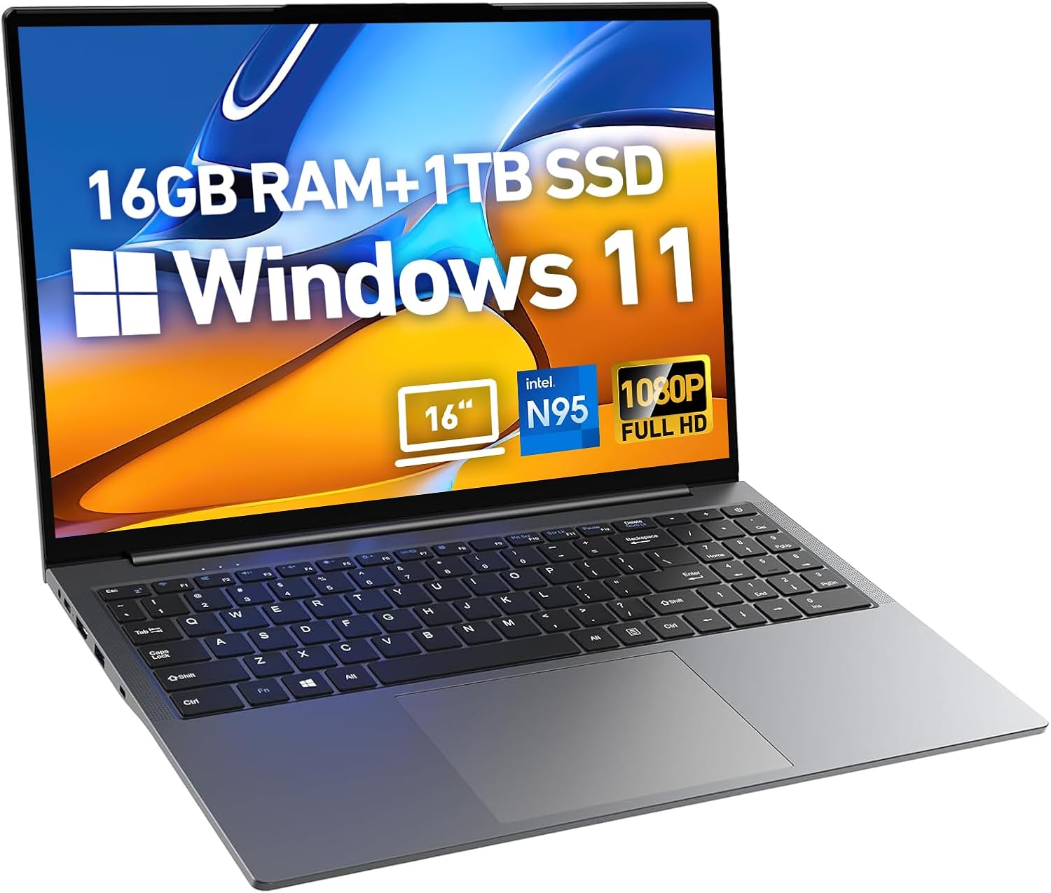 2025 Latest Laptop 16.1 FHD Display, 1TB SSD 16GB RAM, Intel Processor N953.4GHz, Windows 11 Pro, Backlit Keyboard, 8000mAh Battery, Fingerprint, HDMI, WiFi5, BT5, Type-C, Webcam, TF Card Slot